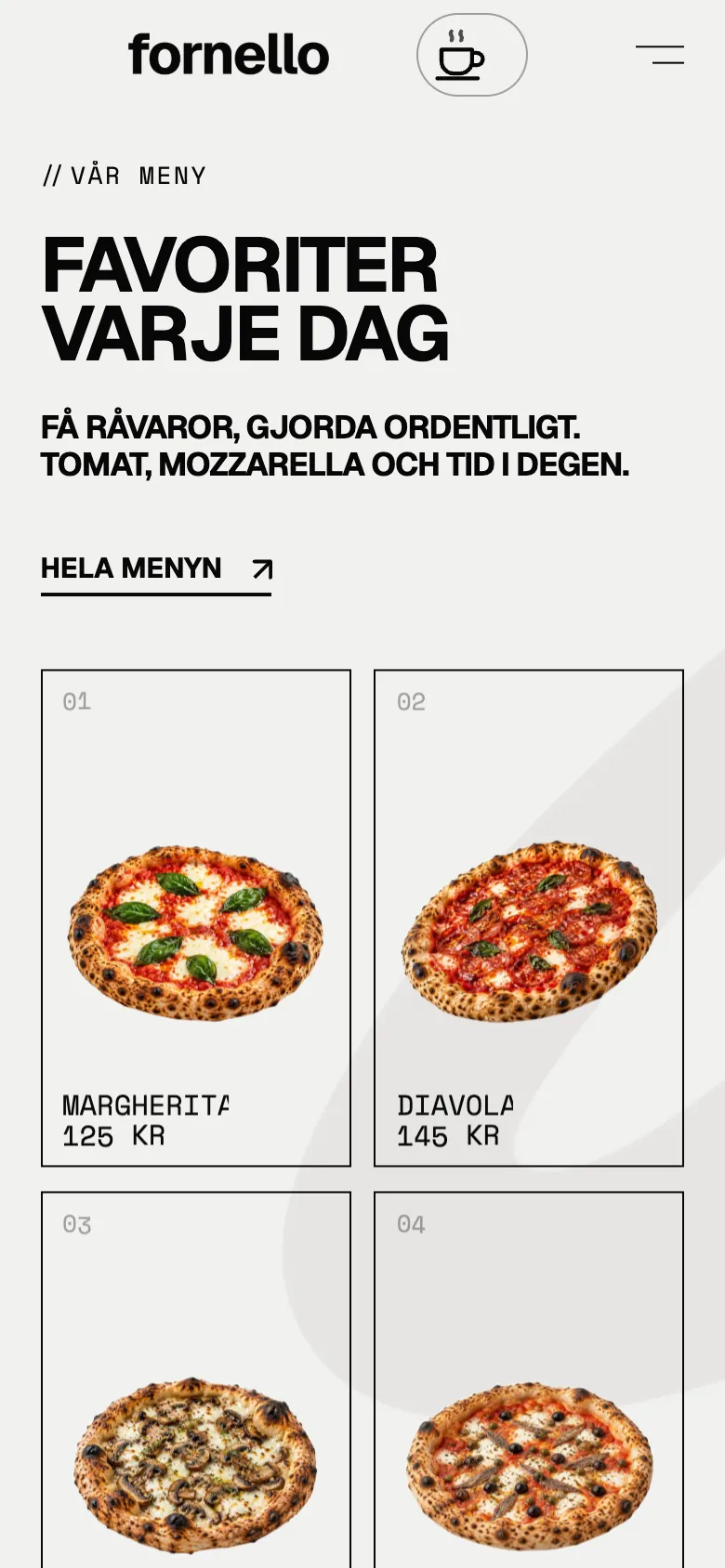 Menyn på exempelsidan Fornello i en mobil: margherita, diavola och fler pizzor med priser